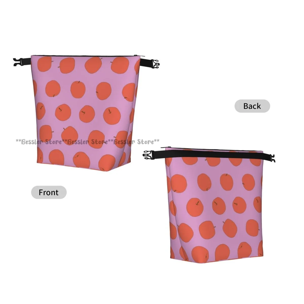 Roll Top Insulated Lunch Bag Pink Apple Dots Thermal Food Storage Bag Portable Bento Handbag for Daily Use