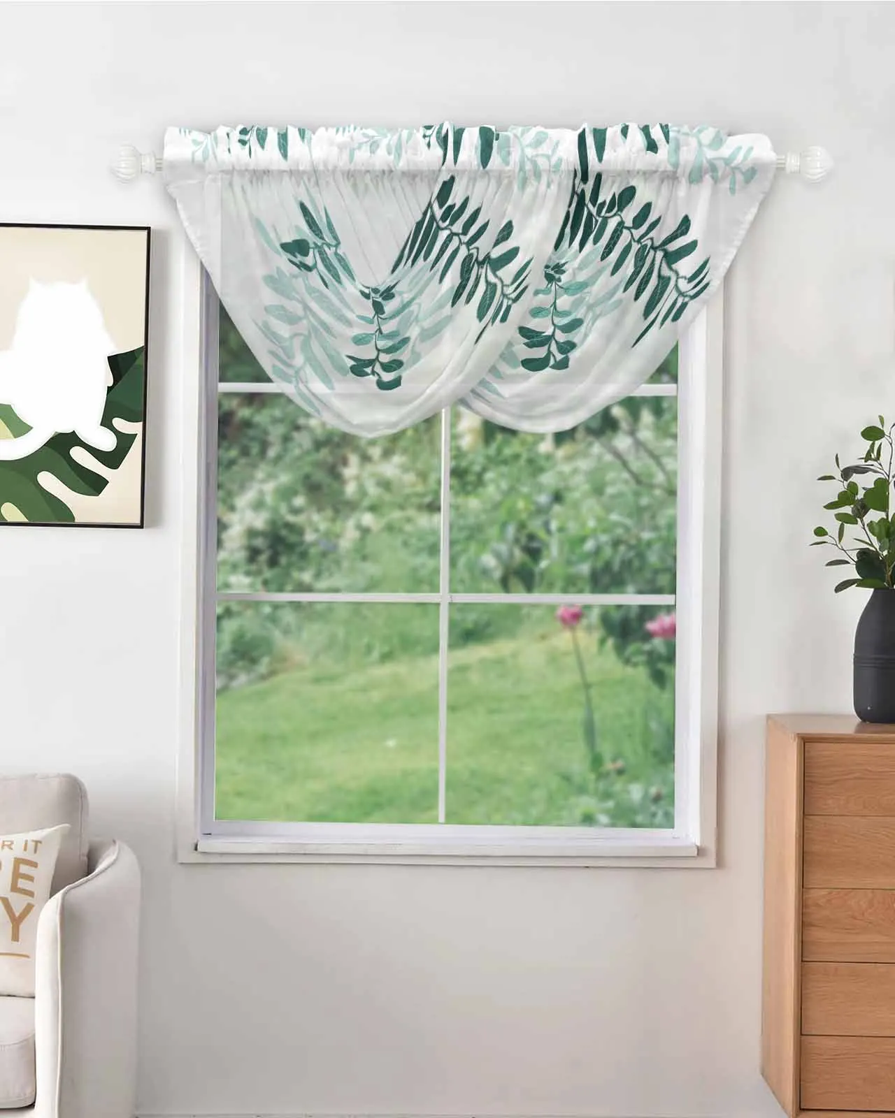 Leaf Plant American Countryside Agate Green Gradient Irregular High Quality Voile Window Curtains for Balcony Sheer Drapes