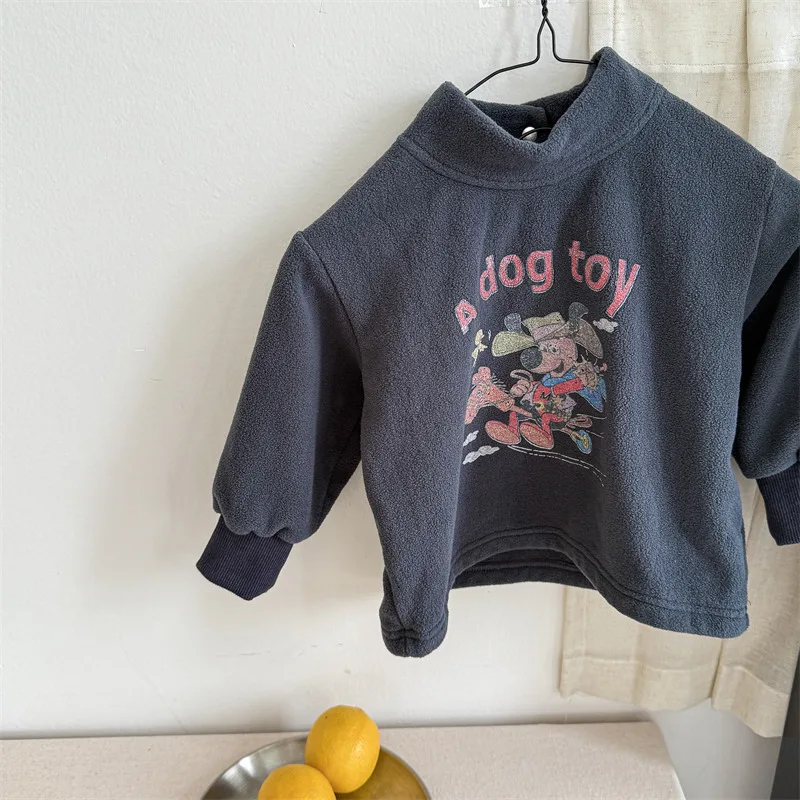 2025 Winter New Baby Plus Velvet Thick Sweatshirt Cartoon Print Girls Warm Fleece Tops Boys Bottoming Shirts Kids Pullover