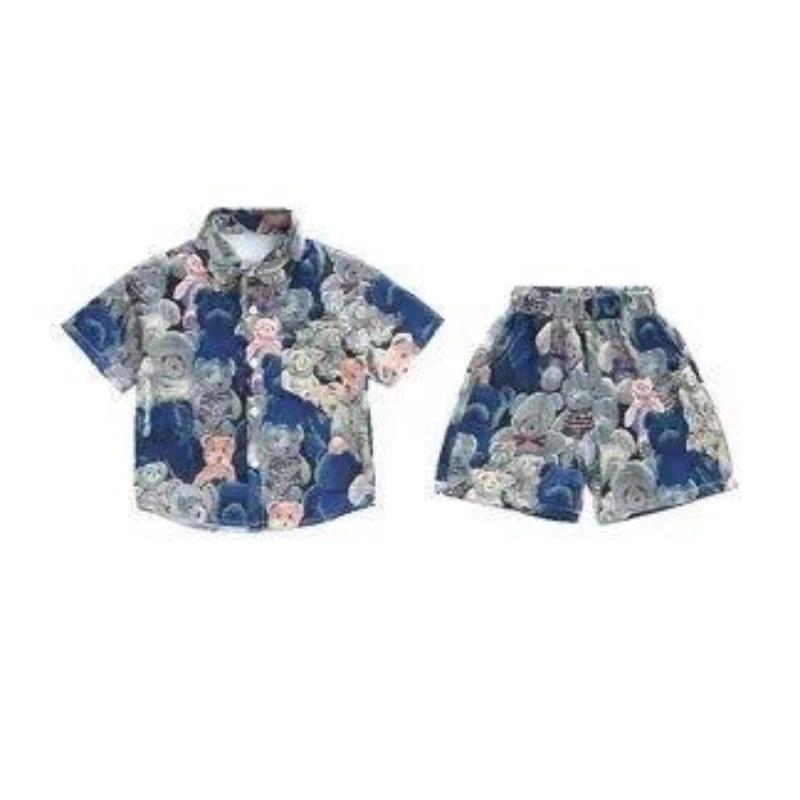 Conjunto de ropa de verano para niño adolescente, camisa de manga corta con solapa y pantalones cortos de oso de dibujos animados, traje para niño,