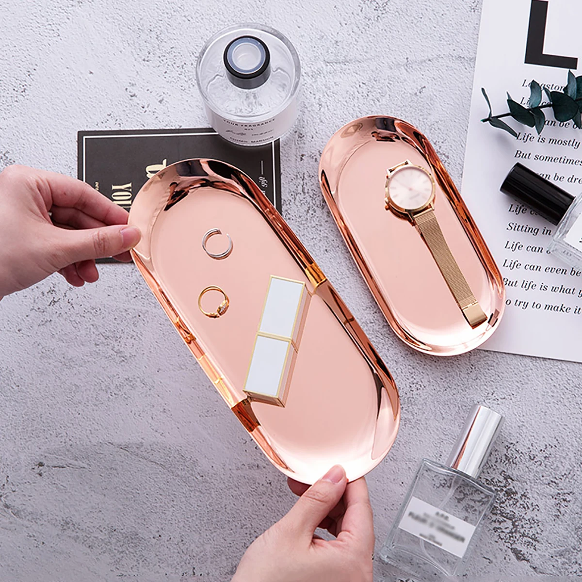 Bright rose gold oval stainless steel jewelry tray desktop ring storage organizer cosmetics jewelry metal storage tray