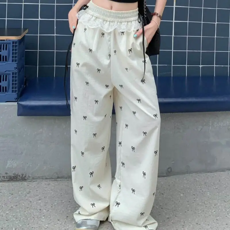 Süße Heiße Mädchen Lesben Patchwork Casual Hosen Bowknot Hosen frauen Frühling Sommer Elastische Taille Breite Bein Hosen Gerade Hosen