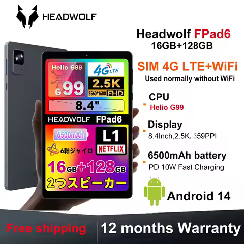 HEADWOLF FPad 6 Andorid 14 Gaming Tablet 8.4 inch 128GB ROM MTK Helio G99 Octa-core 4G SIM LTE 6500 mAh Battery Tablet