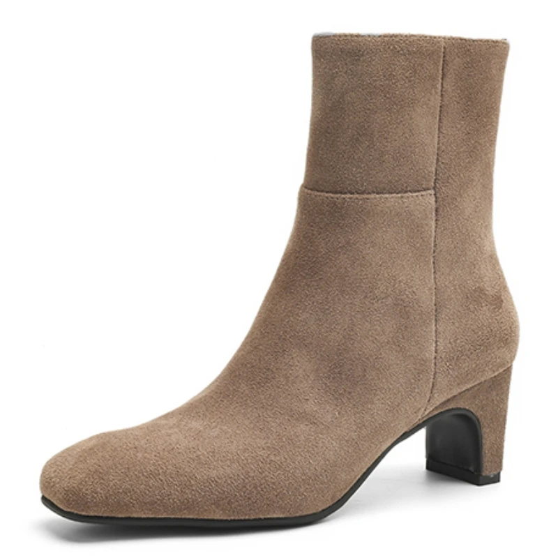 

Khaki Women's Ankle Boots Cow Suede Leather Autumn Winter 2026 New Square toe Western Short Boot Shoes Heels Party Footwear INS