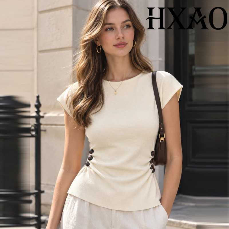 HXAO Women's Cropped Knit Tops Slim Fit Short Sleeve Cream Top Blouse Summer Autumn Cut Out Button Elegant Knitted Vest Tops