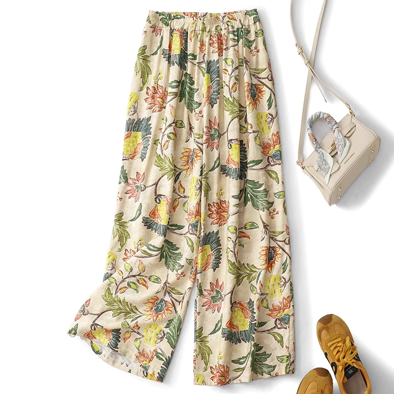 Floral Print Loose Fit Straight Leg Pants Women's Spring Elastic Waist Casual Thin Cotton Linen Skinnier Style Breathable