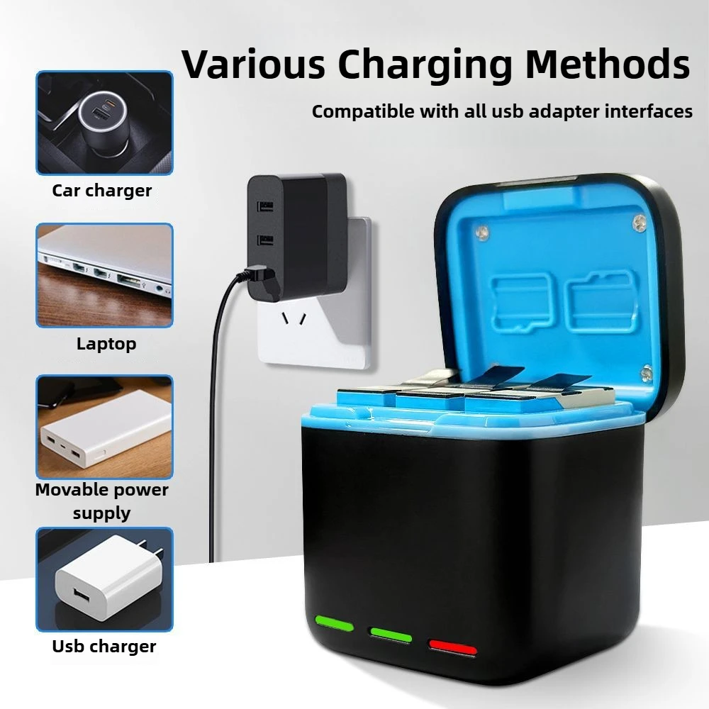 3-Channel Charging Battery Storage Box for Gopro Hero 13 USB Fast Charger with Memory Card Slot for GoPro Hero 13 Action Camera