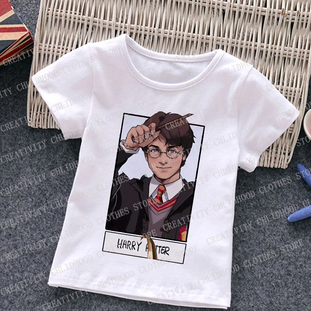 Camiseta de Harry Potter para niños y niñas, ropa de película mágica, dibujos animados Kawaii, camisetas informales de manga corta, 2024