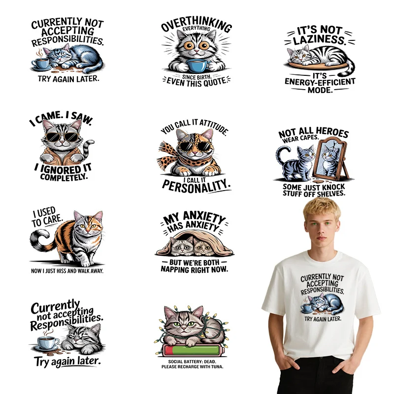 

Cartoon and funny cat ironing transfer stickers suitable for clothing DTF printing vinyl hot stickers washable T-shirt stickers