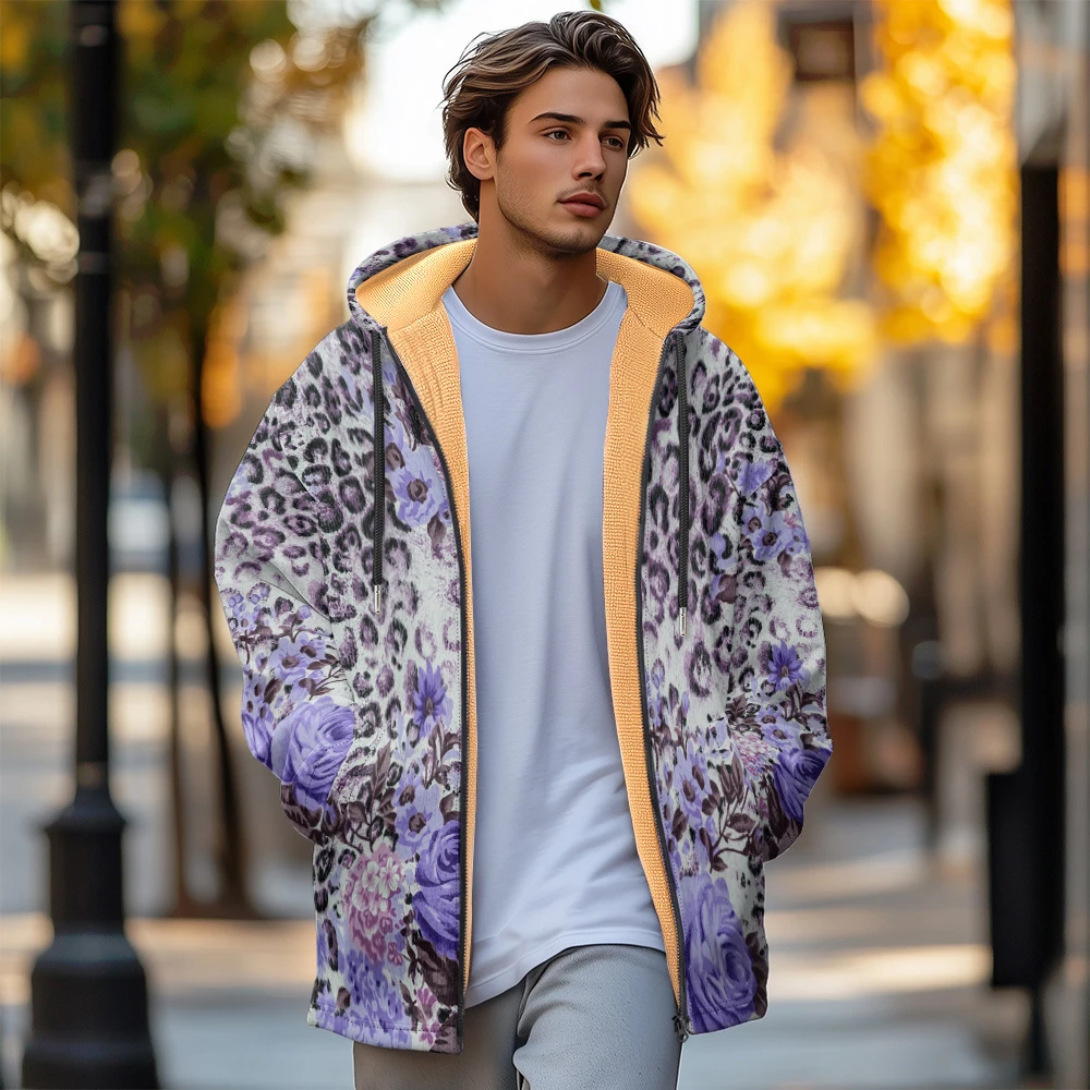 Man winter clothing, New in Down Coats, Purple flowers dot graffiti cotton-padded jacket clothing, feather print pocket zipper