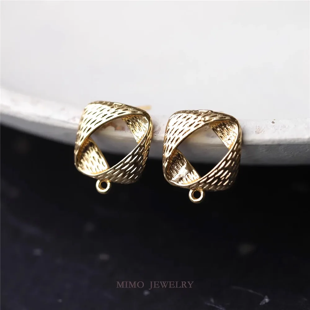 Copper Plated Real Gold Texture Surface Square Hollow Texture Stud Earrings 925 Silver Needle DIY Earrings Accessories