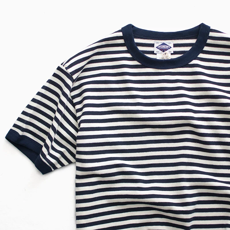 Heavyweight 280g American Retro T-Shirt Pure Cotton round Neck Sailor Shirt Blue White Stripes Short Sleeve Sea Soul Men's Fa...