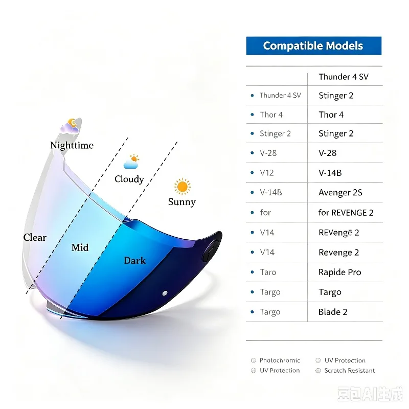 For MT-V-28B  V12  V14B  Photochromic Helmet Lenses  Tint  All-weather Compatible with Multiple Full-face