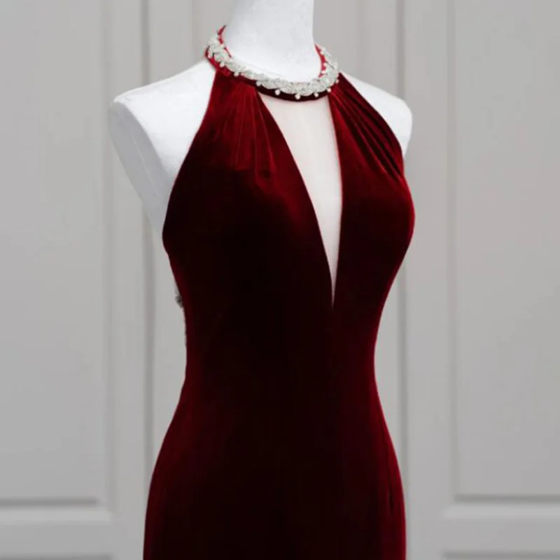 Evening Dress Halter Sleeveless Zipper Back Floor-Length Burgundy Mermaid Elegant Velour New Party Formal Dresses Woman B2750