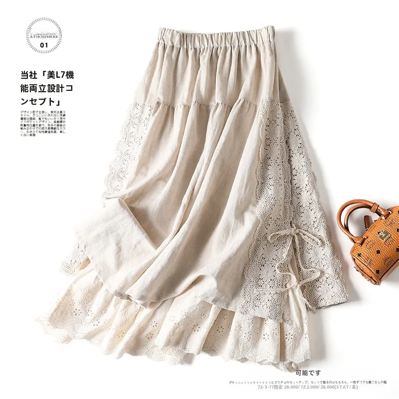 甘い刺繍リネンスカート ベルト付き ヘビーワーク ウエストゴム Aライン ロングスカート ハイウエスト 通勤スタイル 芸術的トレンド
