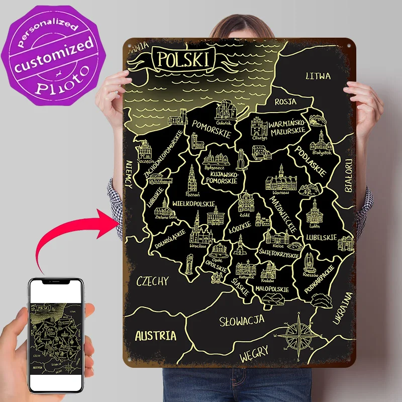 Pôster com Textura 3D do Mapa da Polônia, Placa de Metal Vintage Personalizada para Decoração de Arte de Parede, Acessórios para Sala de Estar