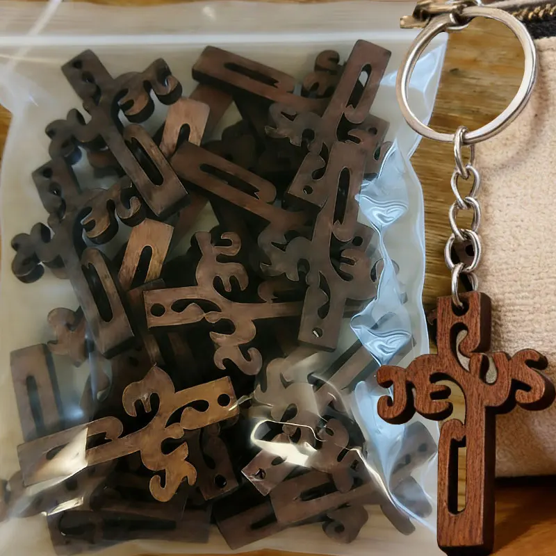 Wooden Kraft Paper Tag with Organza Bag 20PC Floral Cross Keychain Packaging Party Gifts Retro British Style Key Chains Pendant