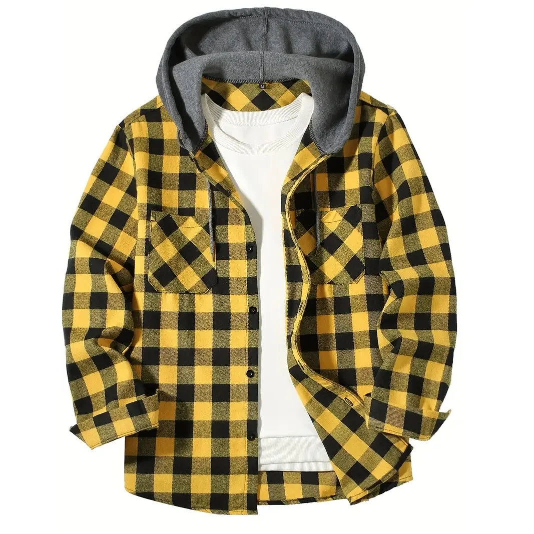 Spring Autumn Men's Hoodies Shirts Classic Plaid Casual Button Down Hooded Long Sleeved Double Pockets Shirt Flannel Jacket Tops