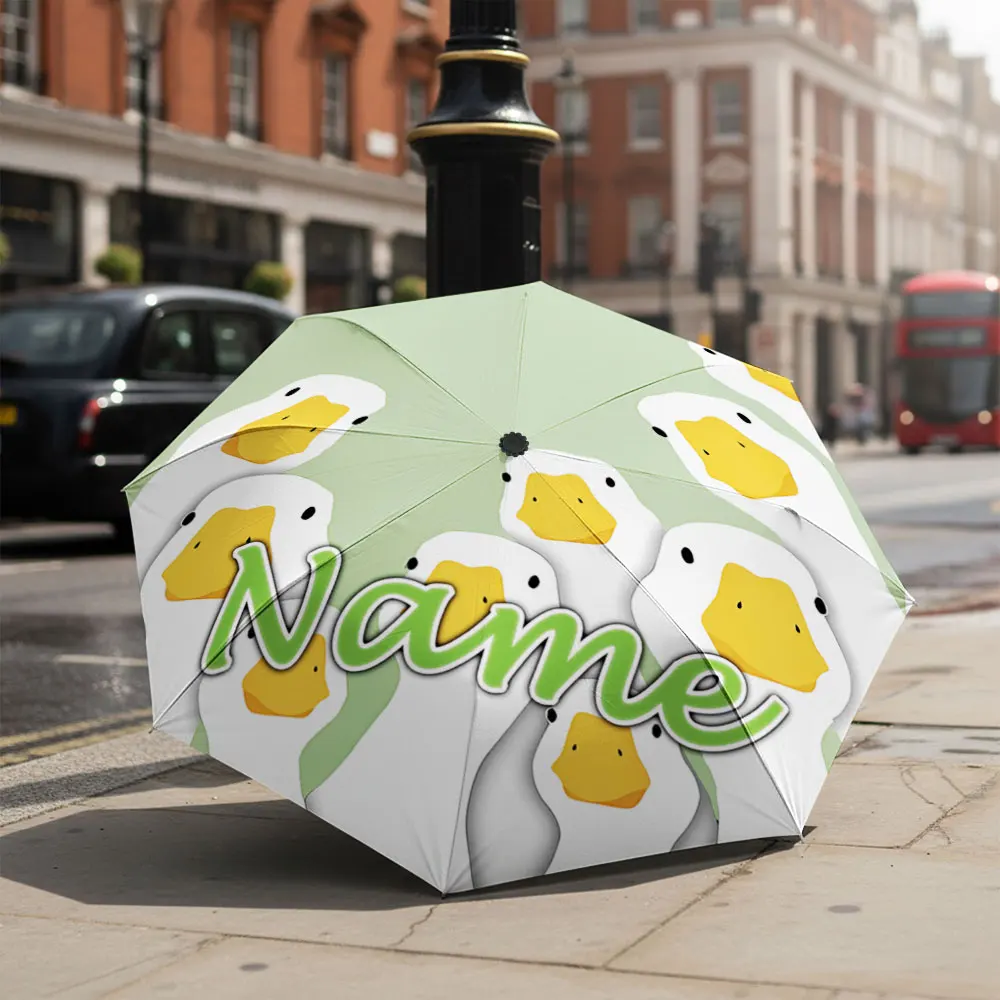 Custom Name Umbrella Group Of White Geese Simple Cartoon Animal Print Folding Umbrella Compact Portable Travel Parasol