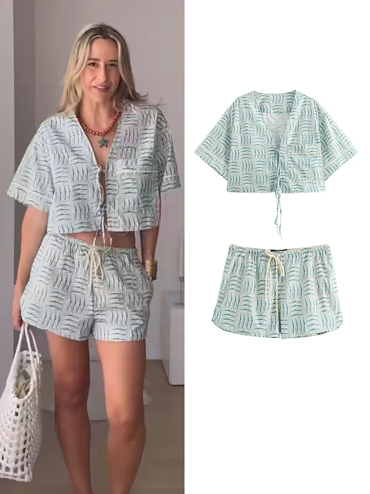 TRAF Women Printed Shorts Set 2024 Fashion Short Sleeve Lace Up Shirt and Shorts Two Pieces Sets Summer Chic Lady Street Suit