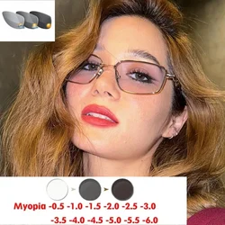 Square irregular men's and women's small frame narrow frame new high-end retro myopia color-changing sunglasses-0.25~-6.0