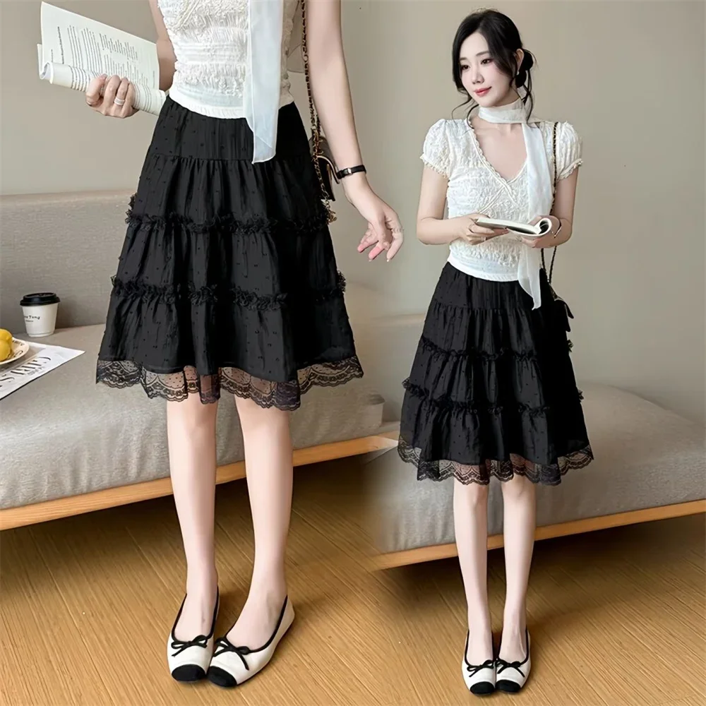 2026 Women's Mid-length White black Lace Skirt Age-reducing Vintage Spring Summer New Fashion Long Casual Lady Skirts