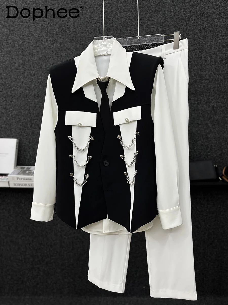 

Men's 2024 Autumn High-end Sleeveless Chain Suit Vests Men's Trendy Handsome Chic Blazer Vests Splicing Black White Vest Jackets