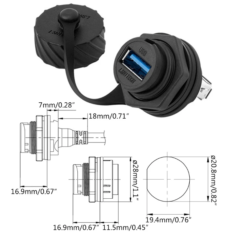 652F USB 2.0 Гнездовая розетка Адаптер для монтажа на панели Прямой водонепроницаемый разъем IP67 с крышкой