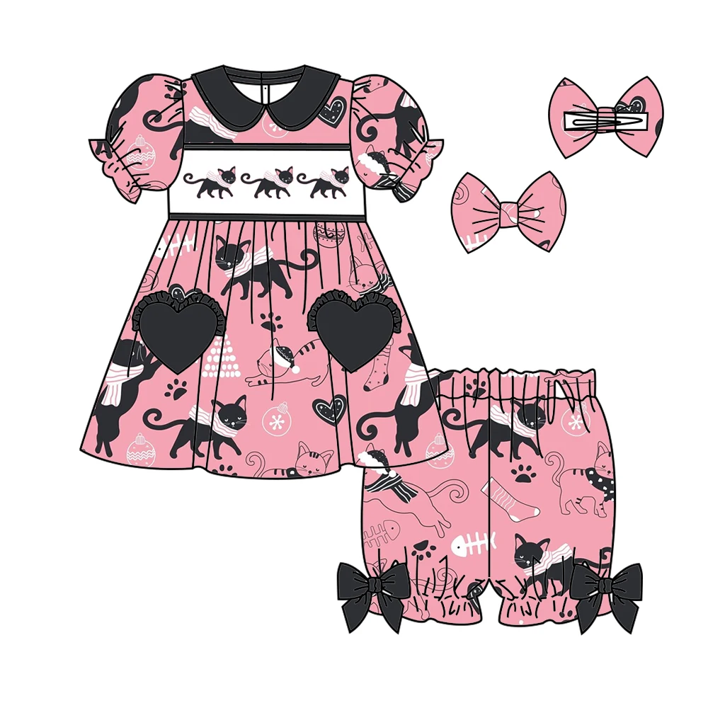 

New Infant Girls Clothes Cartoon Kitten Print Girls Short Sleeve Shorts Set Two-piece Pajama Set Sisters Outfit Milk Silk