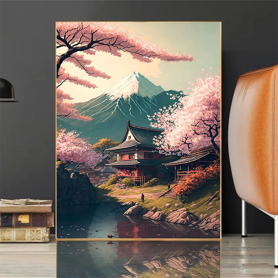 Diamond Painting Vintage Japanese Village Fuji Mountain Cherry Blossom Landscape Mosaic Picture Diamond Embroidery Home Decor