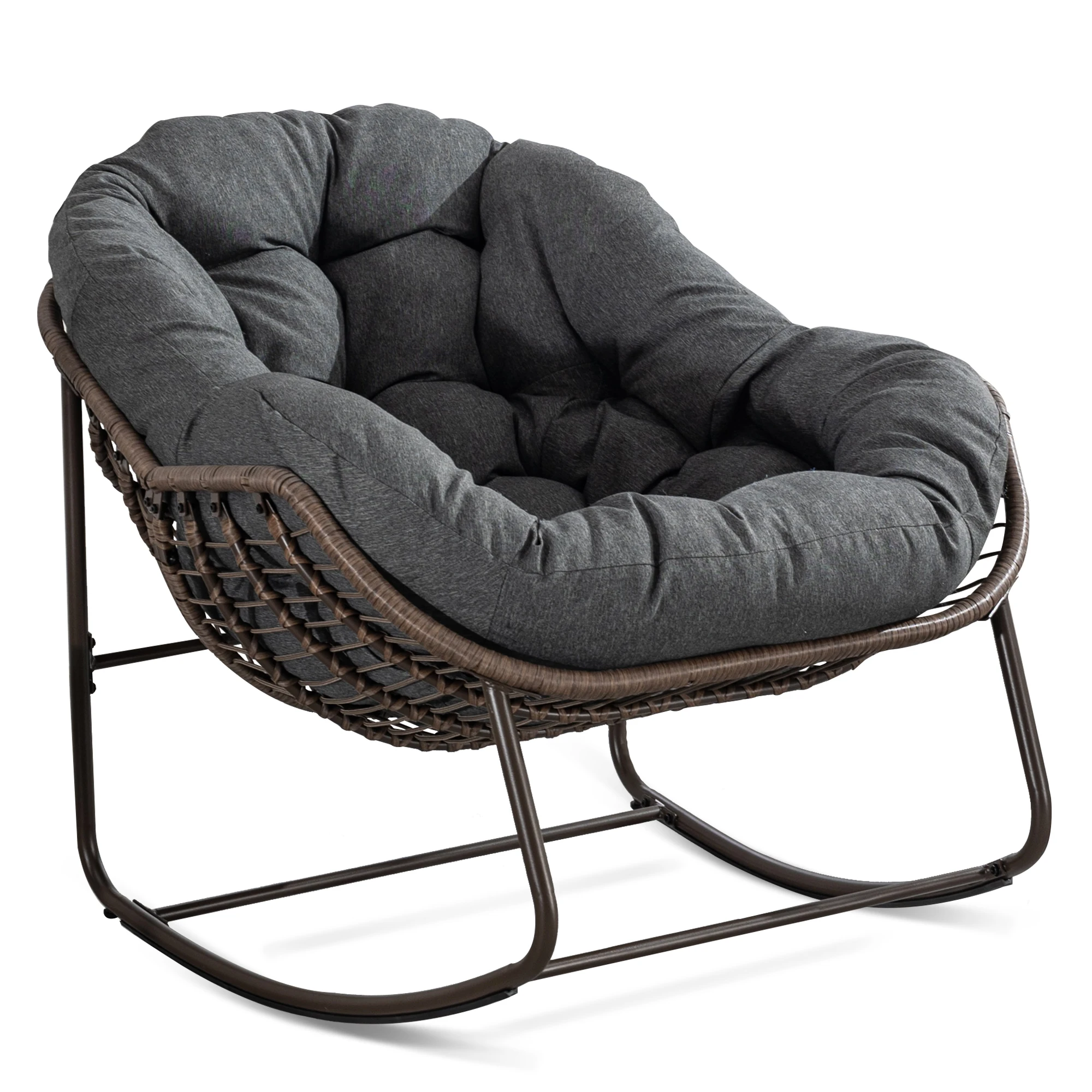 Modern Outdoor Beige Steel Rocking Chair Padded Cushion Reclining Rocker Front Porch Living Room Park School Dining Bedroom