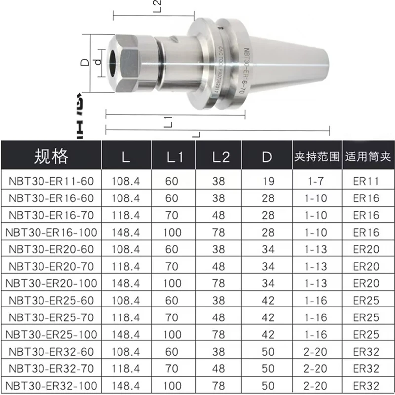 NBT30 Tool Holder NBT30 ER16 ER20 ER25 ER32 70L Tool Holder Dynamic Balance Chuck Keyless CNC Metal Lathe Tool Holder ER25 ER32