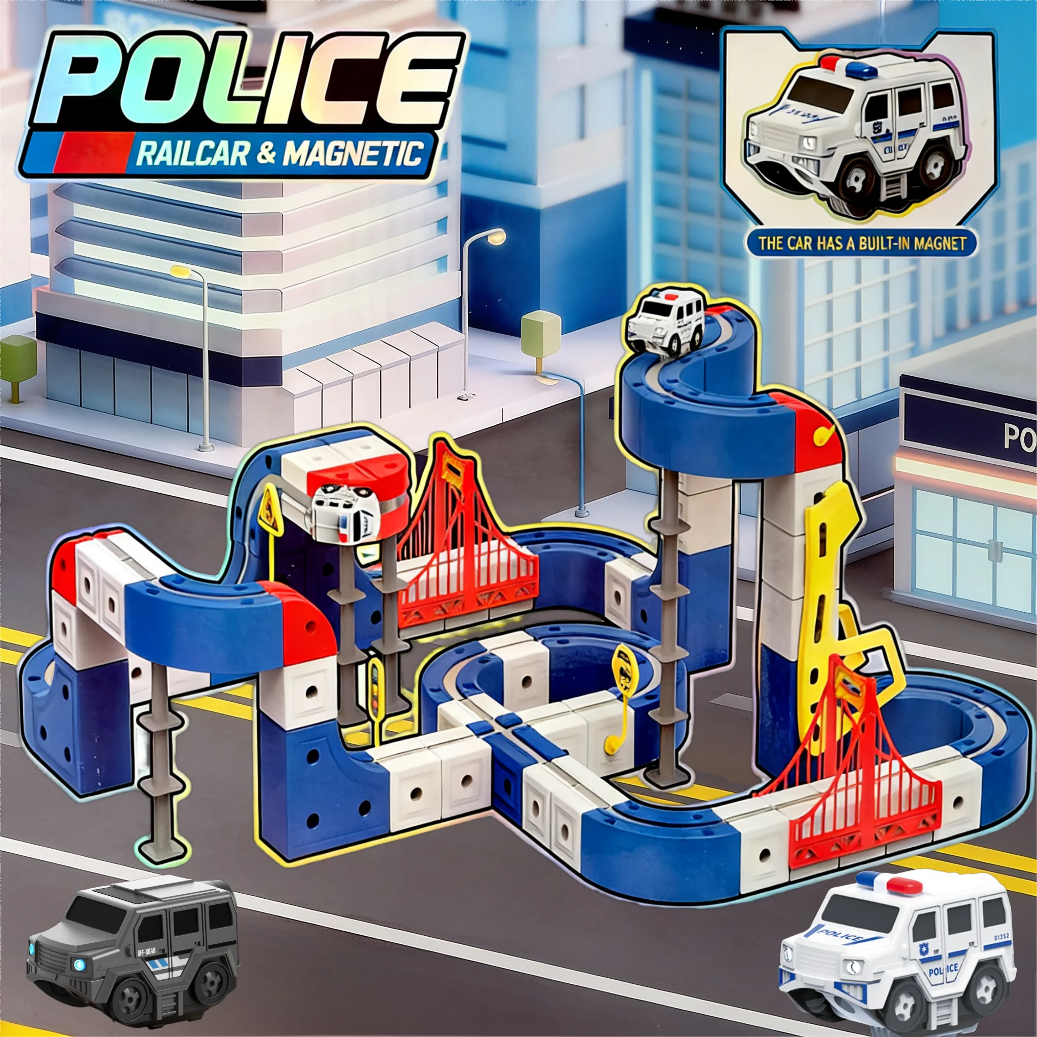 

2026 New Viral Toy DIY Magnetic Track Building Blocks Set Police Theme Anti-Gravity Electric Car STEM Educational Toys for Boys