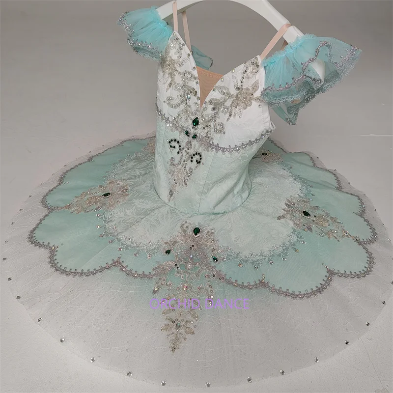 Womens Light Blue Lace Flutter Sleeve V Neck Ballet Tutu Performance Dress Silver Line Emerald Rhinestone Scroll Embroidery Peta