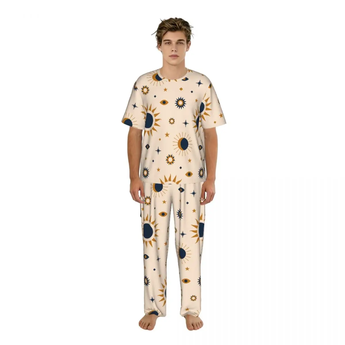 

Men's Casual Pajamas Sets Short Sleeve and Pants Sets Male Sleepwear Sun Stars Eyes Home Clothes