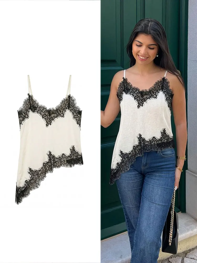 HH Sommer Damen Kontrast-Spitzen-Cami-Top V-Ausschnitt Dünne Träger Asymmetrischer Spitzensaum Camisole Weibliche Mode Schick Y2K Streetwear