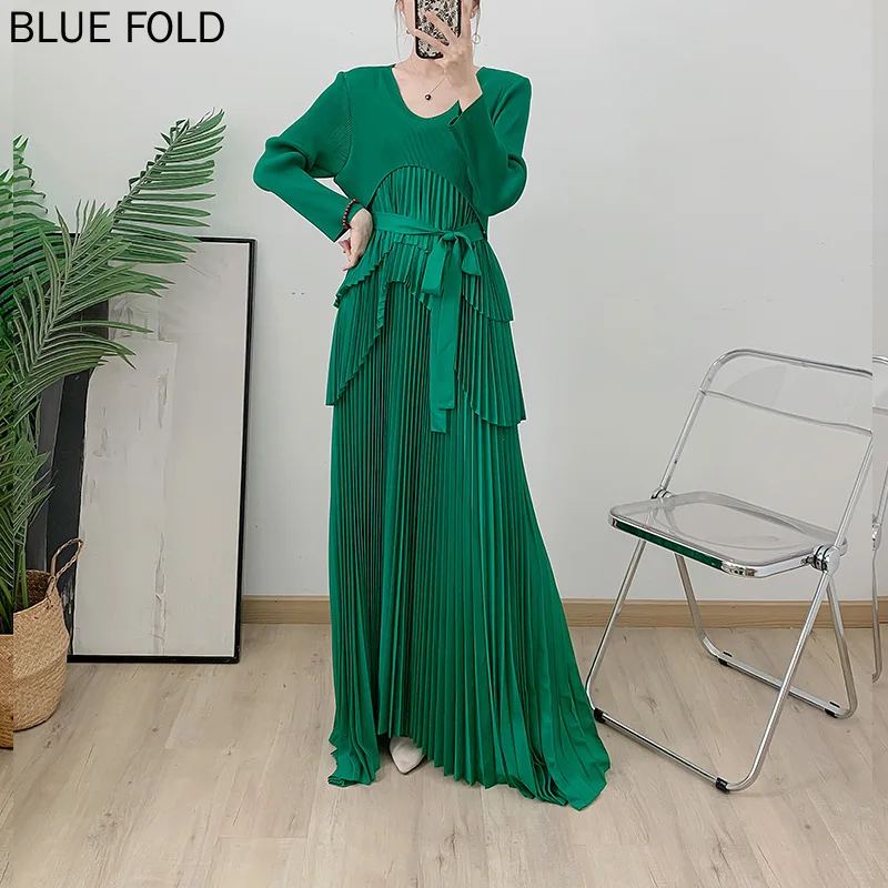 MIYAKE Sun Pleated Dress Long Sleeve Hand-Pleated Pleats Solid Color Maxi Dress Lace-Up Dress High Quality Clothes Elegant