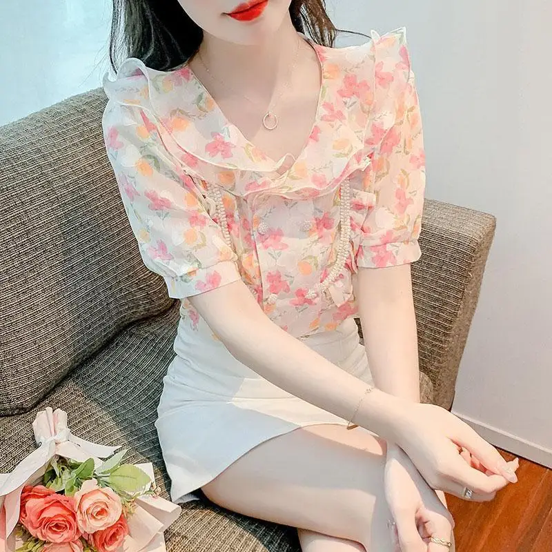 Sweet ruffled Neck Printed Ruffles Floral Shirts Female Clothing 2024 Summer New Loose All-match Tops Chic Chiffon Blouses