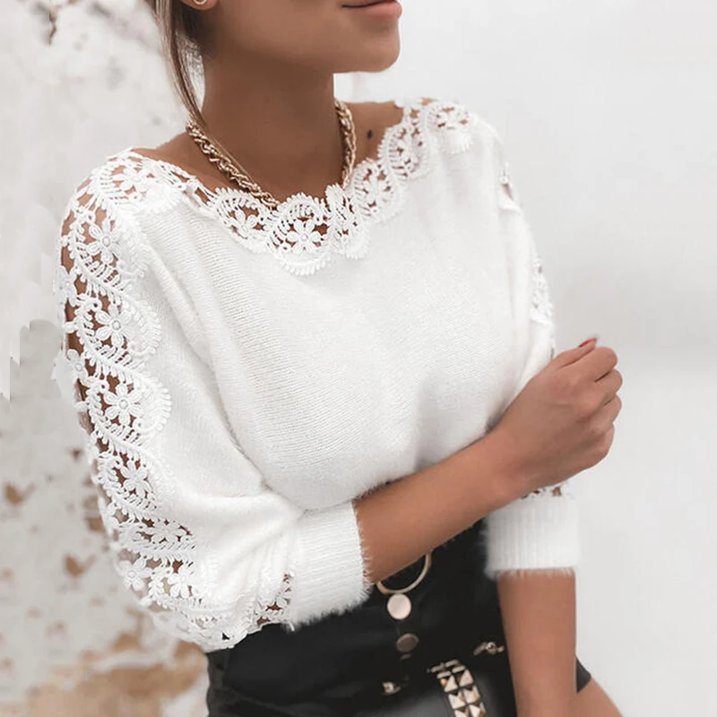 

Elegant Lace Patchwork Knitted Sweaters Women 2026 Chic Hollow Out Long Sleeve Jumpers Woman Solid Color Embroidery Sweater