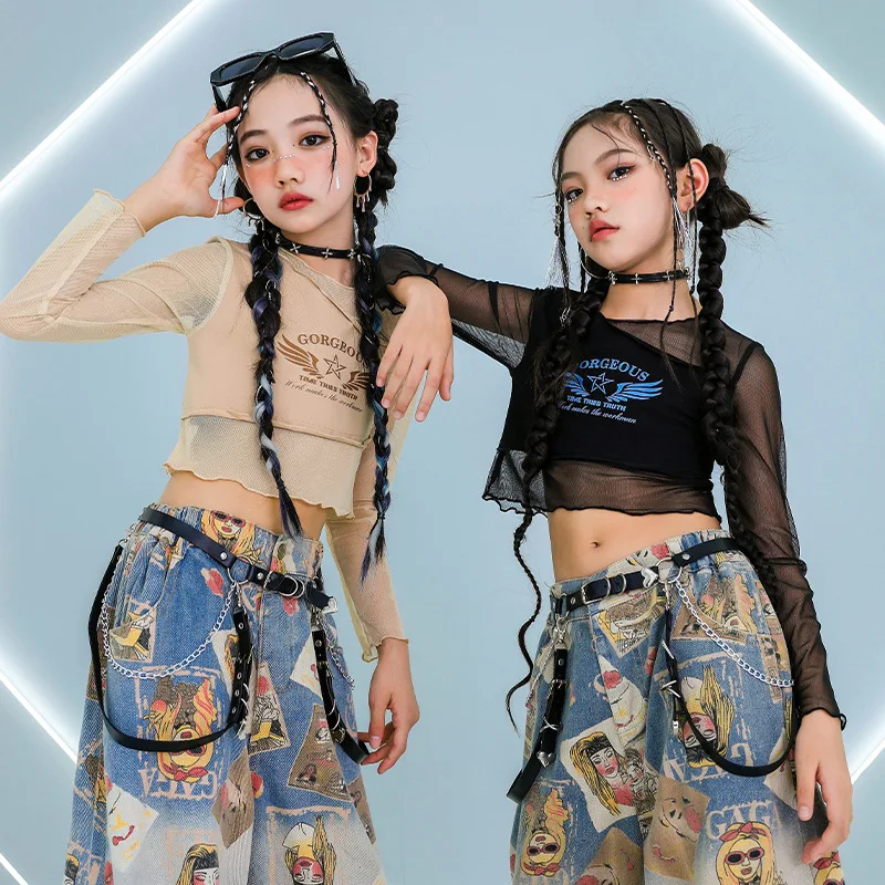 Hip Hop Kids Mesh Crop Top Street Dance Denim Pants Girls Hot Jeans Streetwear Children Jazz Costume Stage Show Clothes Sets