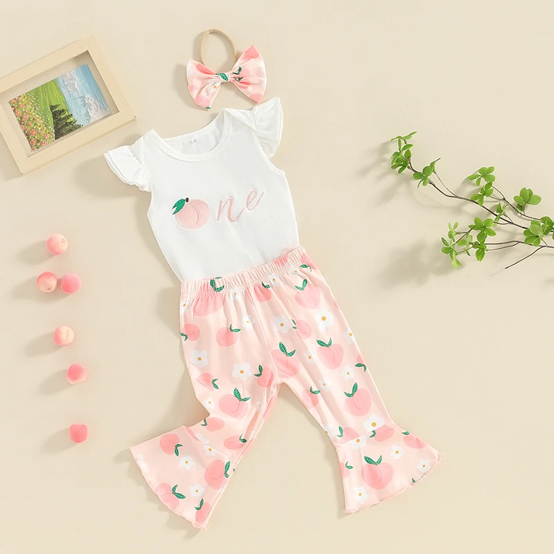 

Baby Gir First Birthday Infant One Year Old Outfit Ruffle Sleeveless Romper Peach Floral Print Flare Pants Headband