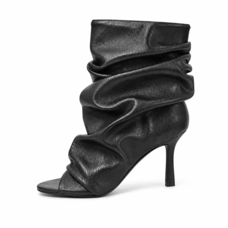 Black Soft Leather Peep Toe Pleated Mid-calf Boots Fashion Women 5 CM Thin Heels Solid Booties High Heel Boots Shoes Lady