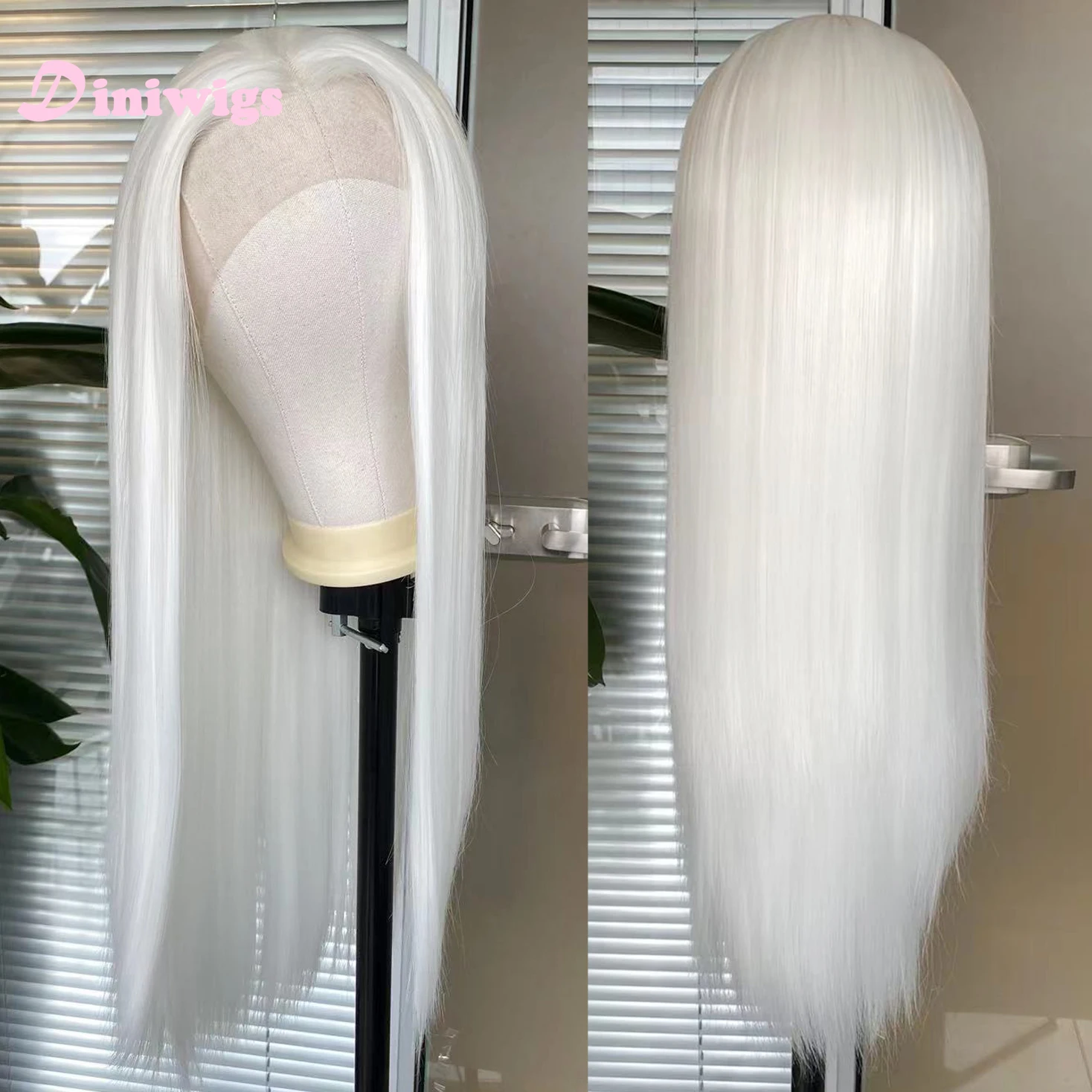 Diniwigs الأبيض الدانتيل شعر مستعار أمامي طويل حريري مستقيم الشعر الاصطناعية غلويليس شعري طبيعي ارتداء اليومي تأثيري الباروكات للنساء #2