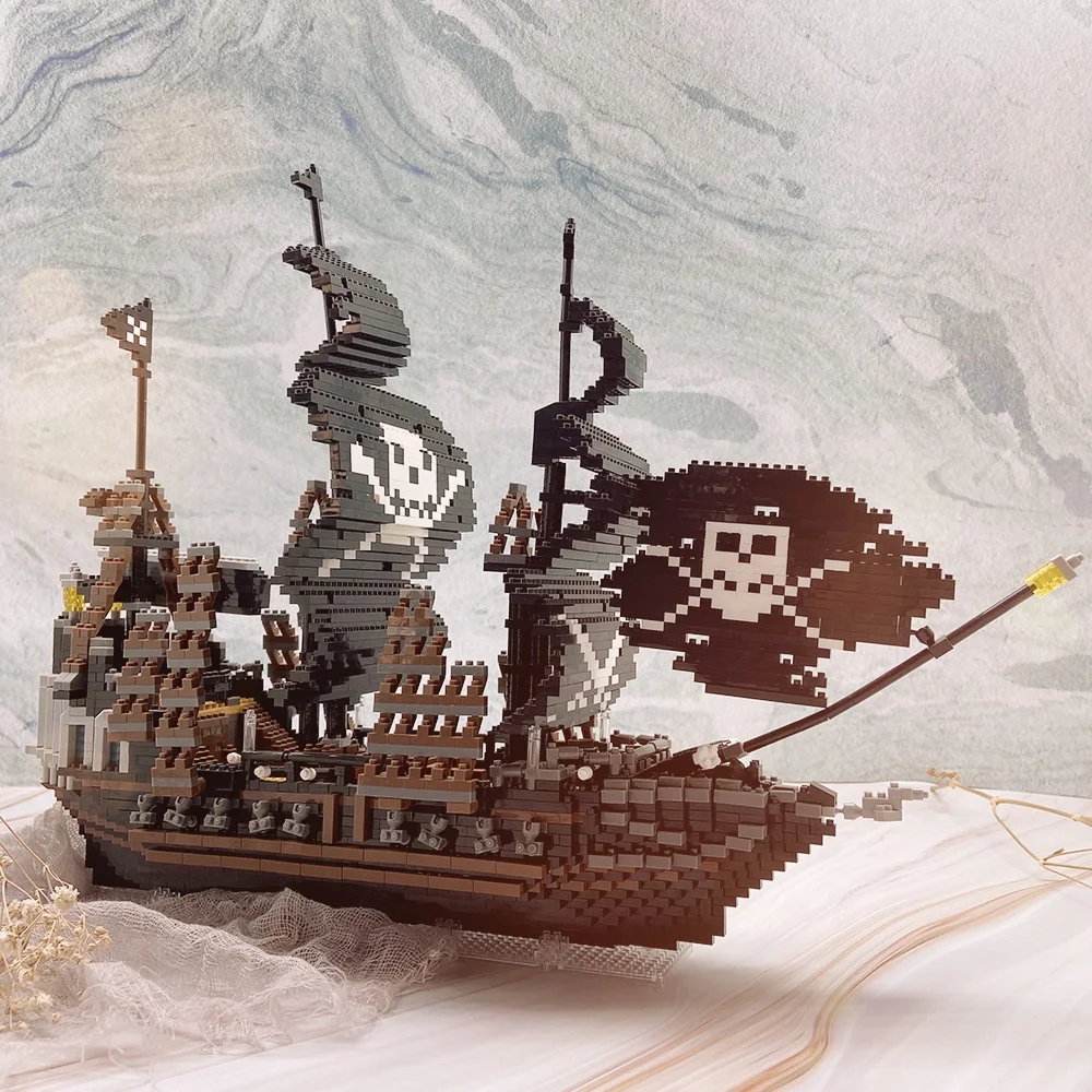 Zwart piratenschip Micro Mini bouwstenen speelgoed voor volwassenen en jongens: meeslepende piratencultuurervaring, assertief decorstuk