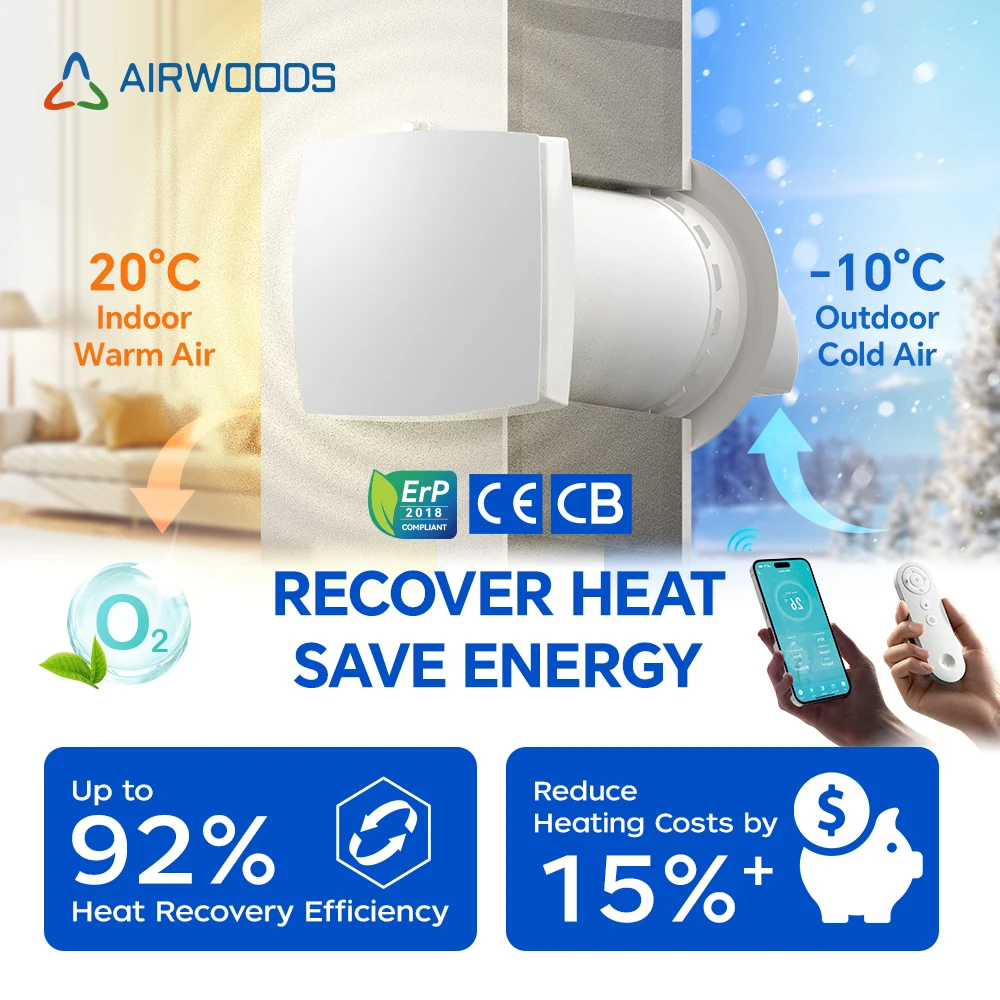 2024 HRV Single Room Ductless Wall Mounted Heat Recovery Ventilation Fresh Air Recuperation System Heat Recuperator Bypass