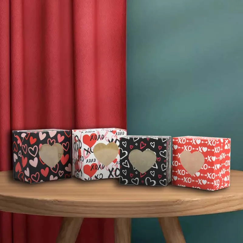 12PCS Valentine Theme Love Heart Cute Cookie Paper Boxes Party Favor Candy Gift Box With Window