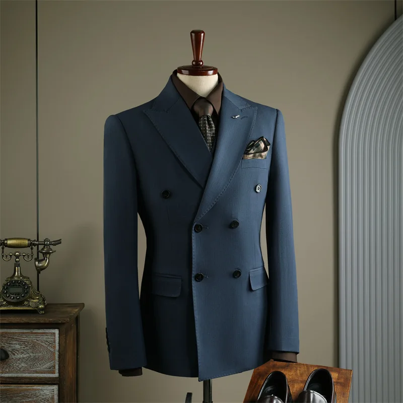 High Quality Mens Suit Formal Business Slim Fit Double-breasted Striped Suit Set Groom Wedding Dress Party Tuxedo Men's Clothing