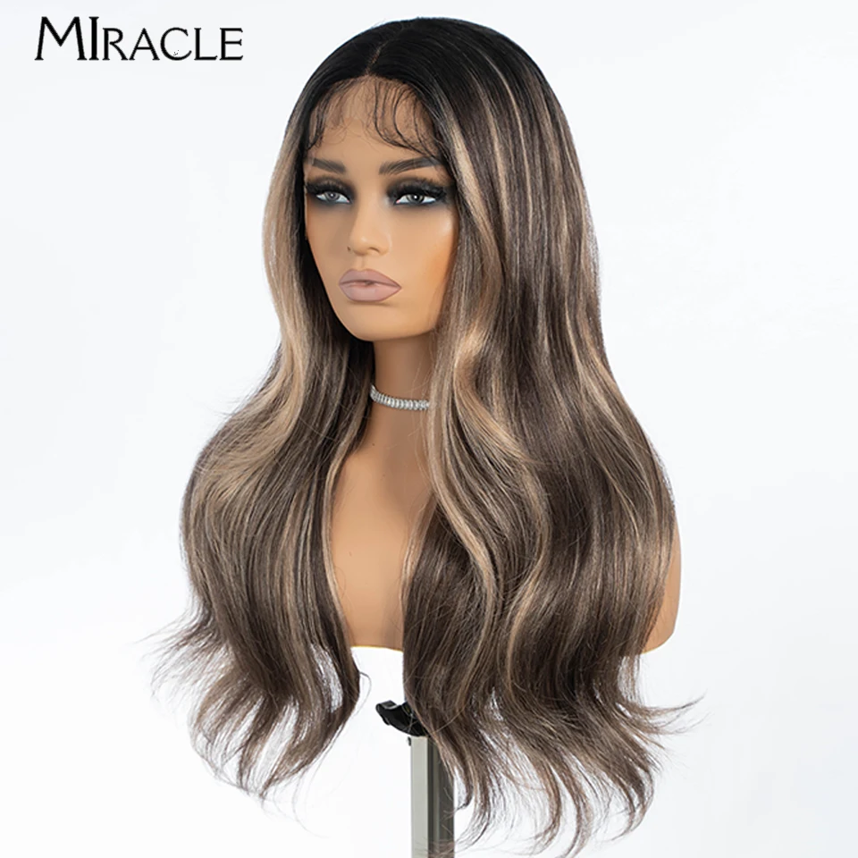 MIRACLE Synthetic 24 Inch Lace Front Wig for Women Natural Wavy Wigs Lace Frontal Wig Cosplay Wig Ginger Ombre Blonde Fake Hair