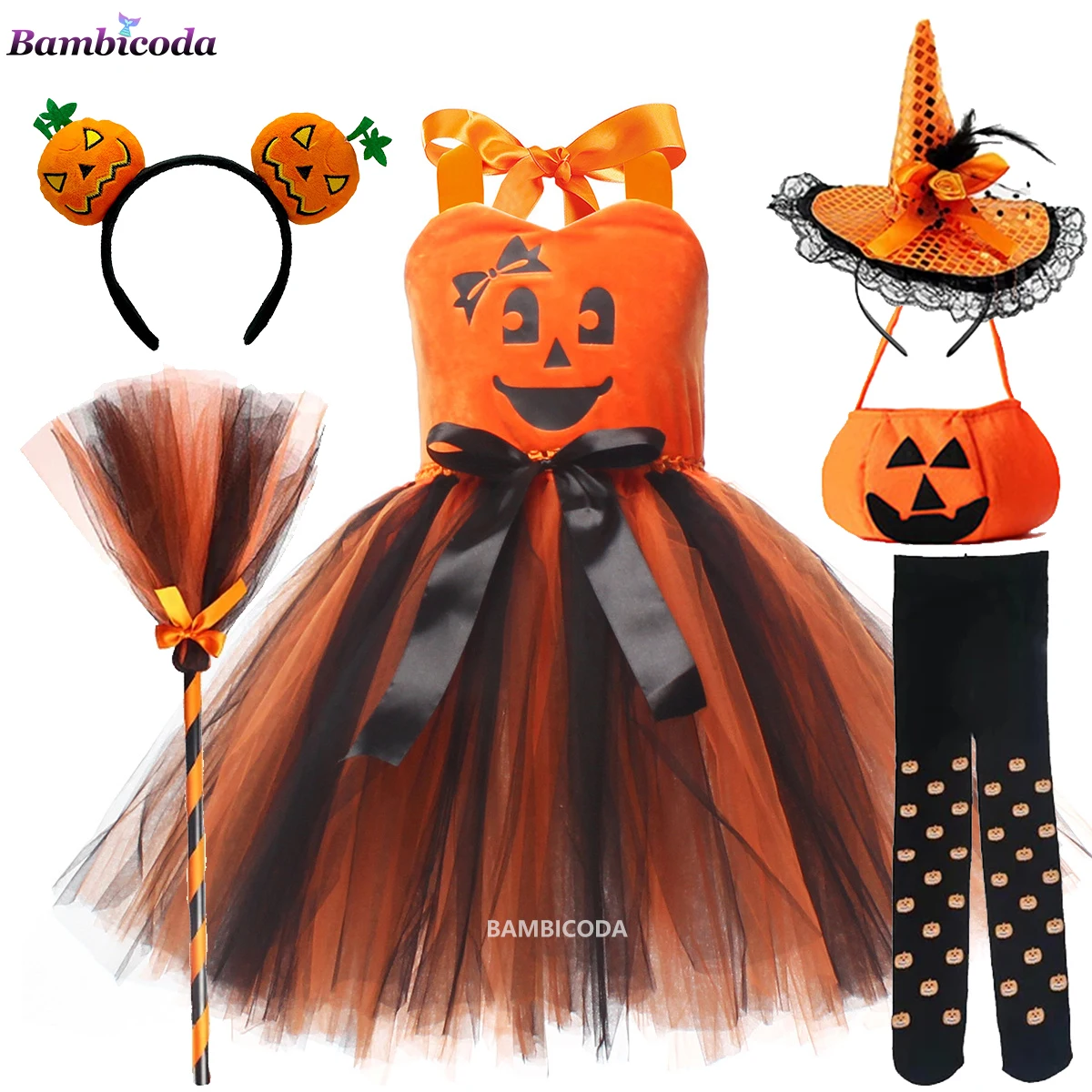 

Girls Halloween Cosplay Witch Costume Children Orange Pumpkin Carnival Vestidos Party Infant Witch Fancy Dress Clothing Set Hat