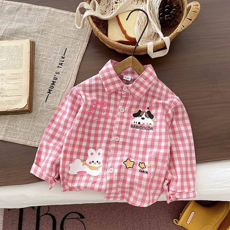 Baby Kleinkind Mädchen 2-teiliges Freizeitoutfit Rosa Kariertes Langarmhemd Cartoon-Print Denim-Jeanshose Frühling Herbst Kinderkleidung – Detail 4